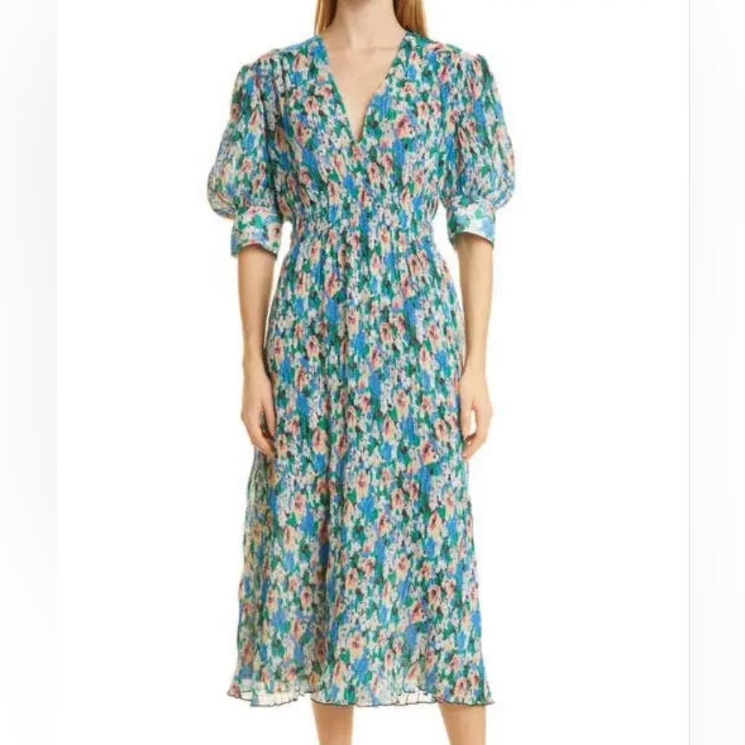 S325 New Ganni Floral Pleated Georgette Midi Dress Size: 36 Fit S/M